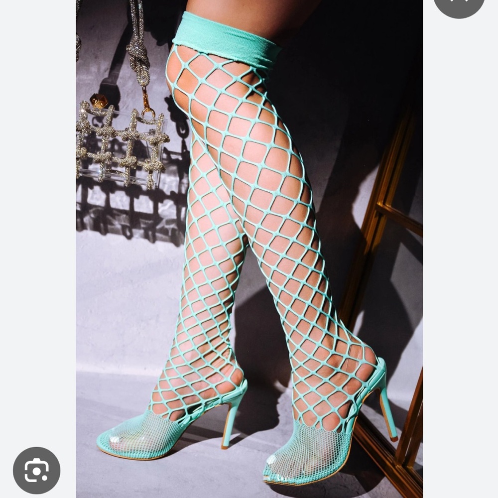 •CAPE ROBBIN• “Base” Teal Mesh Fishnet Thigh High Heels // NIB